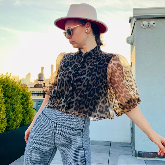Zara Transparent Leopard Puff Sleeve Crop Blouse - Picture 7 of 16